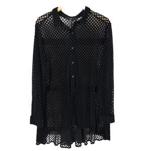 NWT Jason Black Sheer Mesh Pattern Button Up High Low Hem Oversized Shirt M